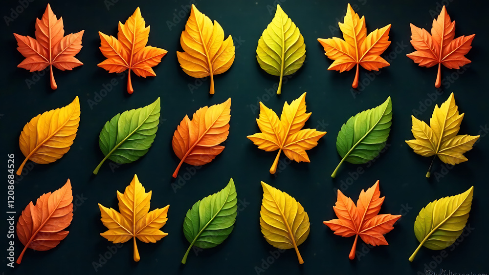 Generate a vibrant sticker collection featuring autumnal foliage, intricate patterns, and a mystical mood. Depict a variety of leaf shapes, colors, and textures with depth and dramatic lighting. Styl Generate a vibrant sticker collection featuring autumnal foliage, intricate patterns, and a mystical mood. Depict a variety of leaf shapes, colors, and textures with depth and dramatic lighting. Styl