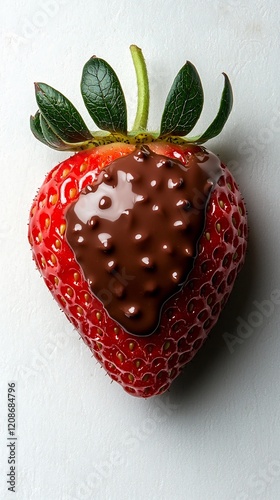 Single ripe strawberry dipped halfway in glossy melted chocolate placed on a white background