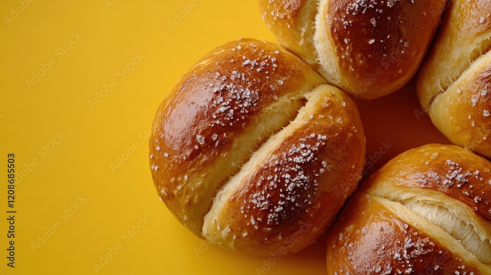 Soft golden pretzel rolls fresh from the oven are perfectly baked and ready to be served on a bright yellow background Soft golden pretzel rolls fresh from the oven are perfectly baked and ready to be served on a bright yellow background