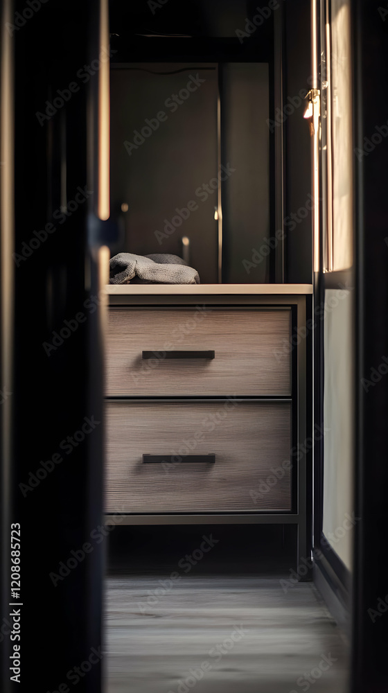 Modern Bedroom Dresser with Towel in Dimly Lit Room, Cozy Ambiance. Modern Bedroom Dresser with Towel in Dimly Lit Room, Cozy Ambiance.
