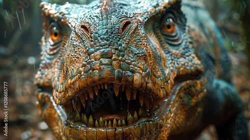 Close up of dinosaur head with orange eyes and pointy teeth in the rain, sharp scales photo