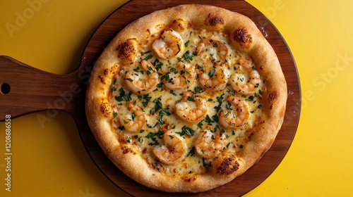 Crispy crust scampi pizza topped with shrimp and fresh herbs served on a wooden platter against a vibrant yellow background