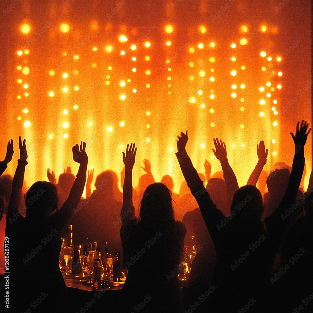 A lively crowd enjoys a live concert and people raise their hands in excitement and joy. Silhouettes of people contrast with a bright background full of stage lights, the energy of a popular party. A lively crowd enjoys a live concert and people raise their hands in excitement and joy. Silhouettes of people contrast with a bright background full of stage lights, the energy of a popular party.