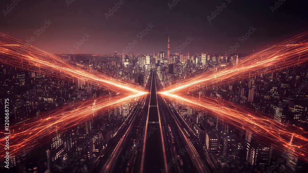 Fototapeta premium Abstract Cityscape with Orange Light Trails Converging on a Highway at Night