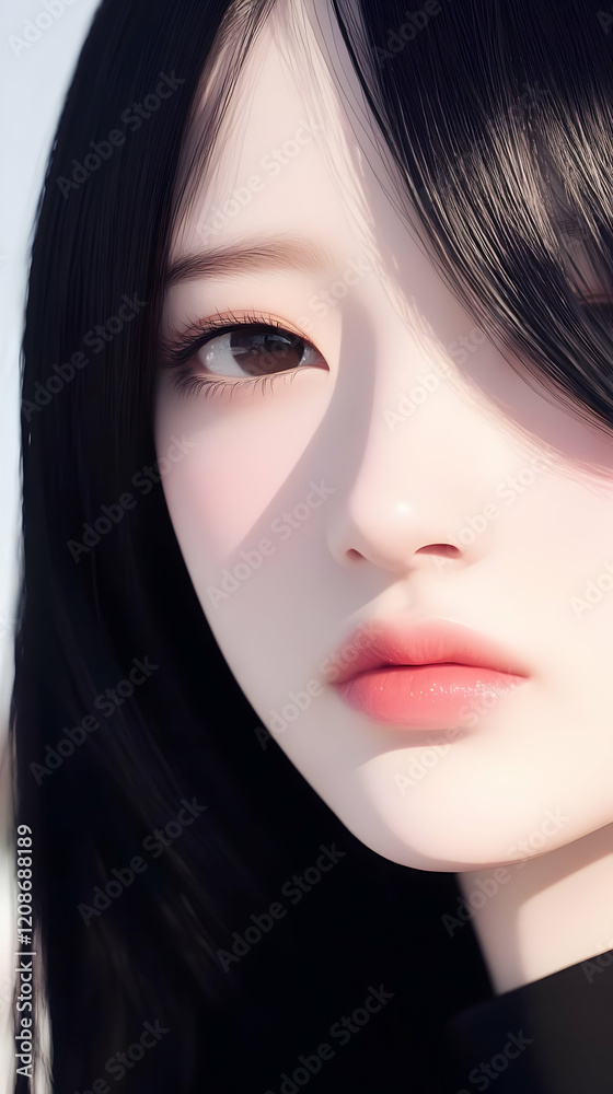 3D Rendered Woman with Dark Hair and Pink Lips Looks Directly at the Viewer with a Neutral Expression. 3D Rendered Woman with Dark Hair and Pink Lips Looks Directly at the Viewer with a Neutral Expression.