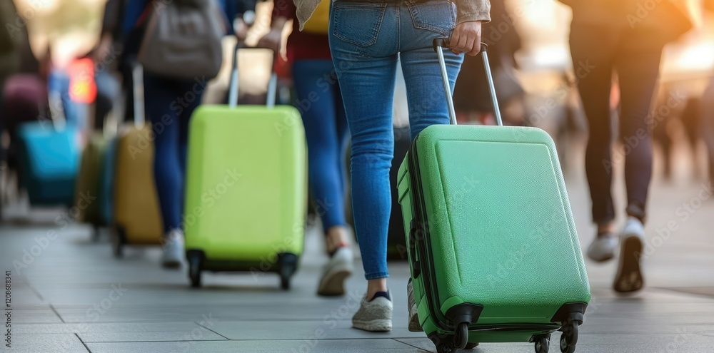 Fototapeta premium Passengers rushing through an airport terminal with luggage.