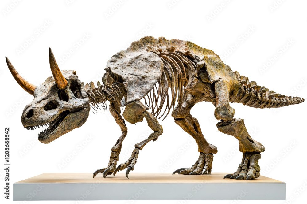 Fototapeta premium Fossilized dinosaur skeleton displayed in natural history museum exhibit isolated on transparent background