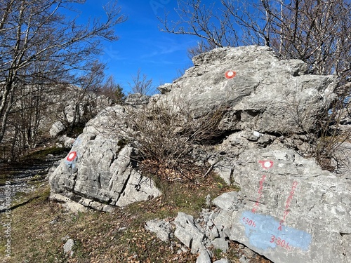 Mountaineering signs and climbing markings in the area of ​​Northern Velebit National Park, Croatia (Planinarske oznake i penjačke markacije na području nacionalnog parka Sjeverni Velebit, Hrvatska) photo