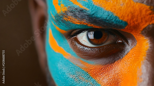 Close-up portrait, man's eye, orange and teal paint, dark background, cultural expression, ideal for diversity campaigns