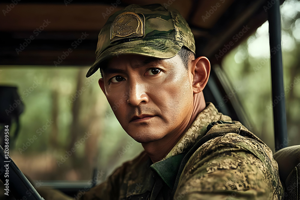 Soldier in camouflage uniform sits in vehicle and looks thoughtfully into the distance. Soldier in camouflage uniform sits in vehicle and looks thoughtfully into the distance.
