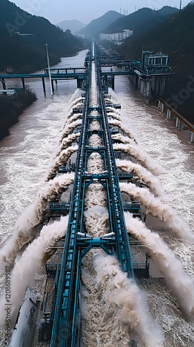 Water flows through a dam spillway with mountains in the background.