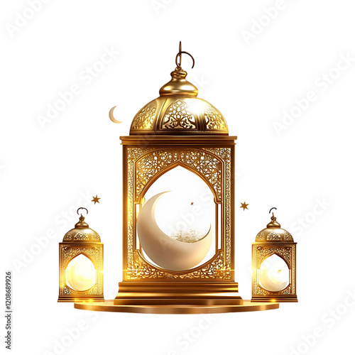 A beautiful golden Arabic lantern with a light inside on a transparent background photo