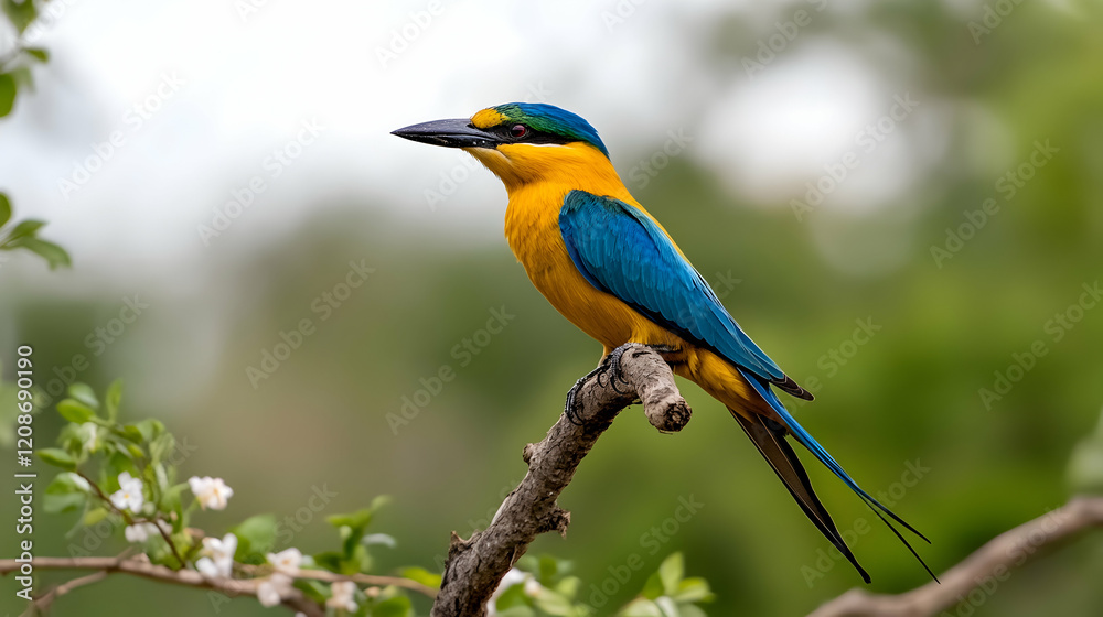 Obraz premium Colorful bird perched on branch, tropical forest background, wildlife photography, nature poster