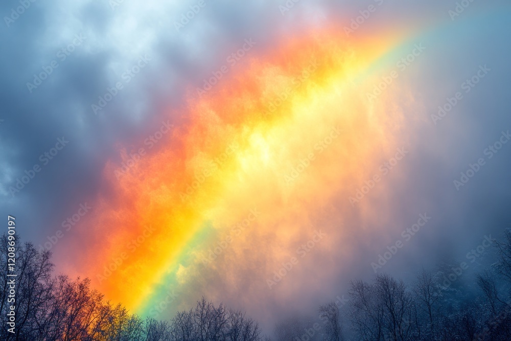 Naklejka premium Misty sky, vibrant rainbow, bare trees.