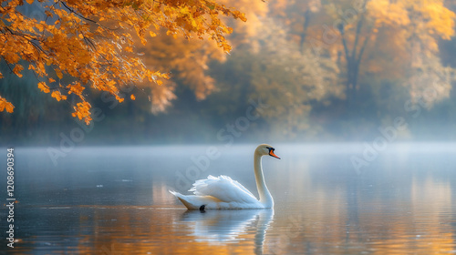 Fototapeta Naklejka Na Ścianę i Meble -  A serene landscape with a swan gliding on a calm lake minimalistic bright tones and modern blurred background empty space on the side evoking peace and tranquility with a sense of harmony and balance
