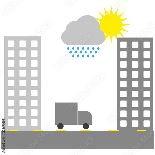 Cityscape with weather. Cloud rain sunshine. Urban minimal design. Vector illustration.