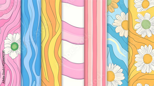 Colorful floral and wavy seamless patterns design, perfect for textile prints or digital papers