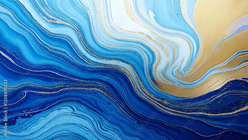 Fototapeta premium 高級感のある水彩風背景イラスト アルコールインクアート チラシ・Web・動画背景素材16:9サイズ 水色 ブルー ゴールド AI生成素材