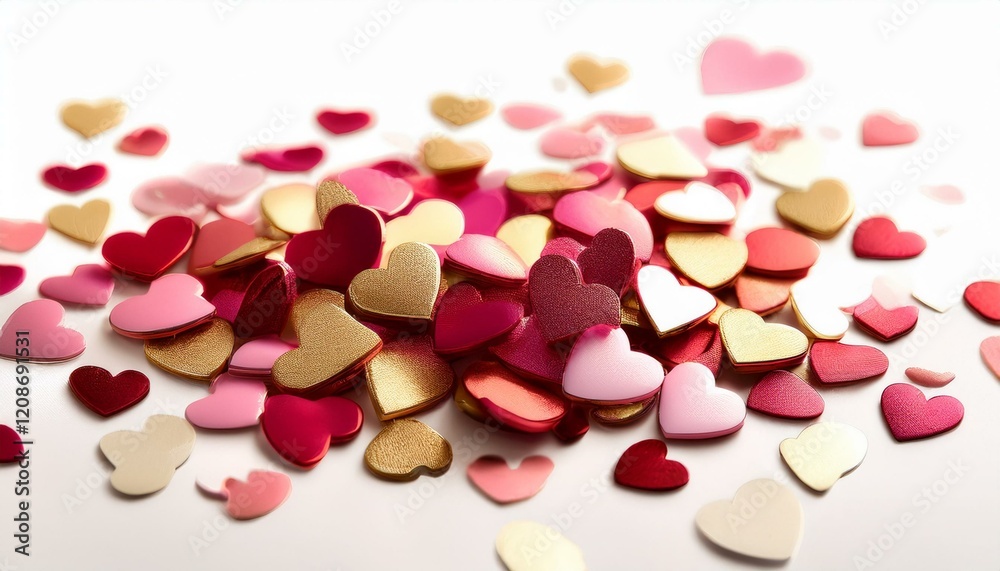 A pile of heart-shaped decorations in gold, pink, and red. A pile of heart-shaped decorations in gold, pink, and red.