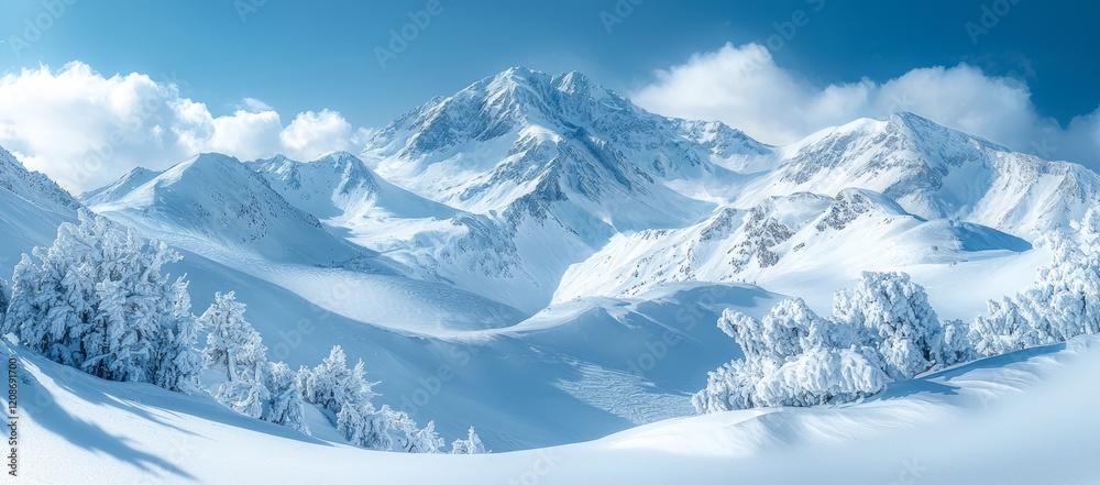 Fototapeta premium Snowy mountain range winter landscape; sunny day, clouds, frost-covered trees; travel poster