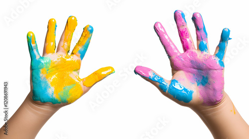 Colorful painted hands, art activity, white background, childhood creativity, educational resource