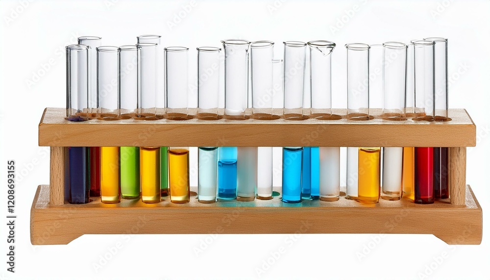 Colorful liquids in test tubes on a wooden rack. Colorful liquids in test tubes on a wooden rack.