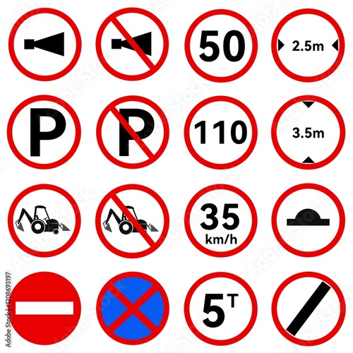 A partial collection of road signs used in Malaysia. Warning, prohibition, mandatory and information signs. Vector illustration