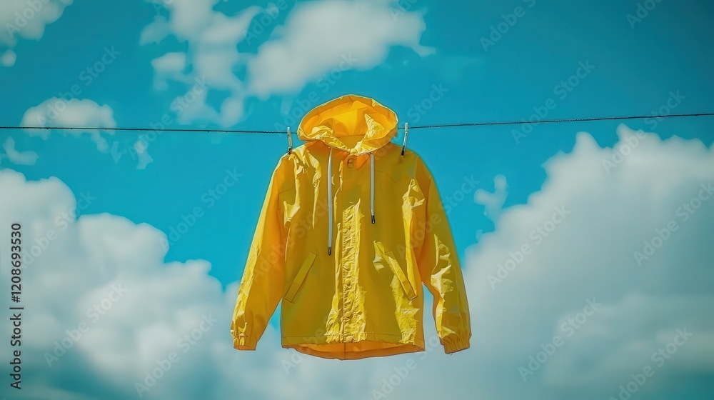 Fototapeta premium Bright Yellow Rain Jacket Hanging against a Blue Sky with Clouds on a Clothesline in a Fresh Atmosphere
