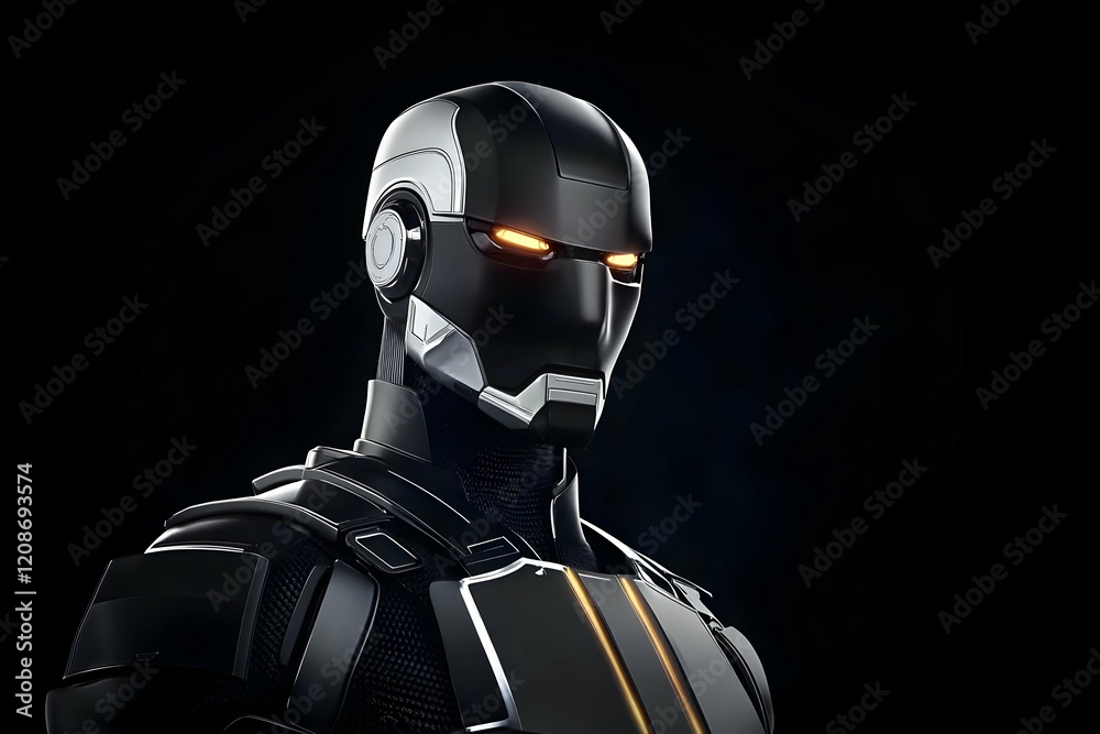 Naklejka premium 3D Rendered Futuristic Robot with Glowing Eyes and Sleek Armor Stands against a Dark Background