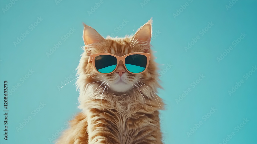 Cool ginger cat wearing sunglasses against a blue sky. Perfect for summer pet fashion or animal lifestyle blogs Cool ginger cat wearing sunglasses against a blue sky. Perfect for summer pet fashion or animal lifestyle blogs