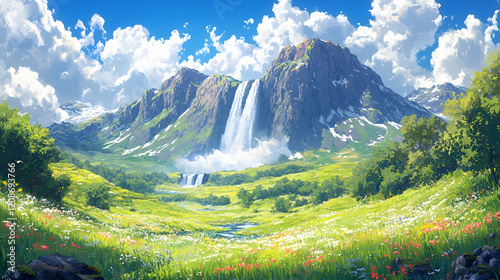 Serene Mountain Valley Waterfall Landscape With Blooming Wildflowers photo