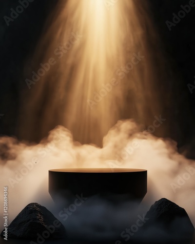 Mysterious Illumination Over a Minimalistic Pedestal Surrounded by Fog