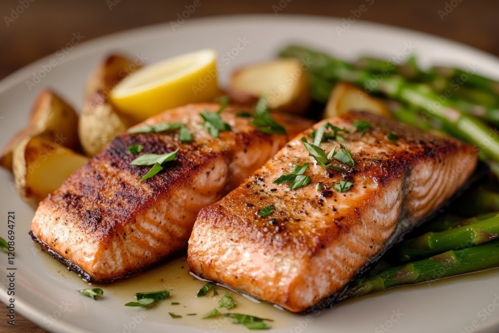 grilled salmon with asparagus and roasted potatoes,garnished with fresh herbs and a squeeze of lemon
grilled salmon with asparagus and roasted potatoes,garnished with fresh herbs and a squeeze of lemon
