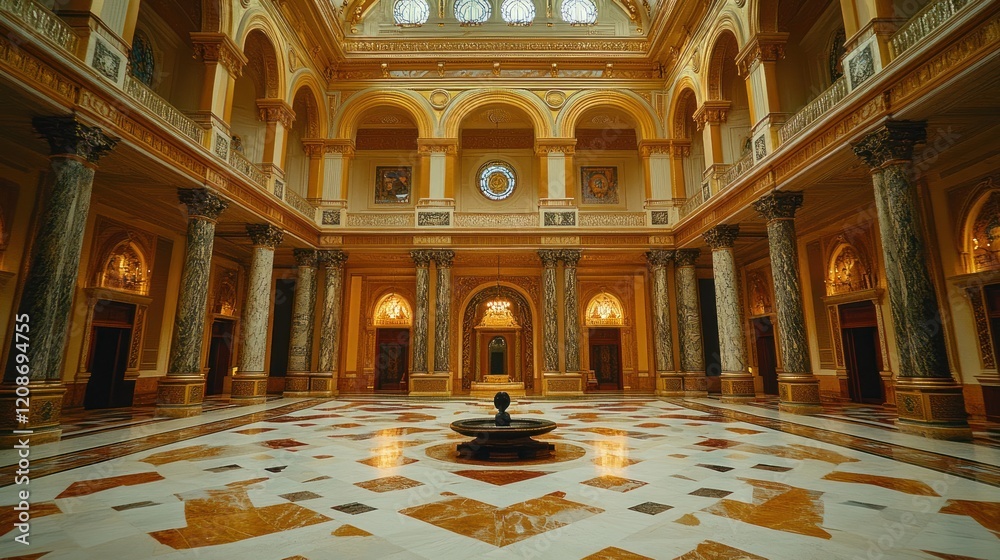 Obraz premium Elegant Interior of a Grand Hall with Central Fountain and Luxurious Decor