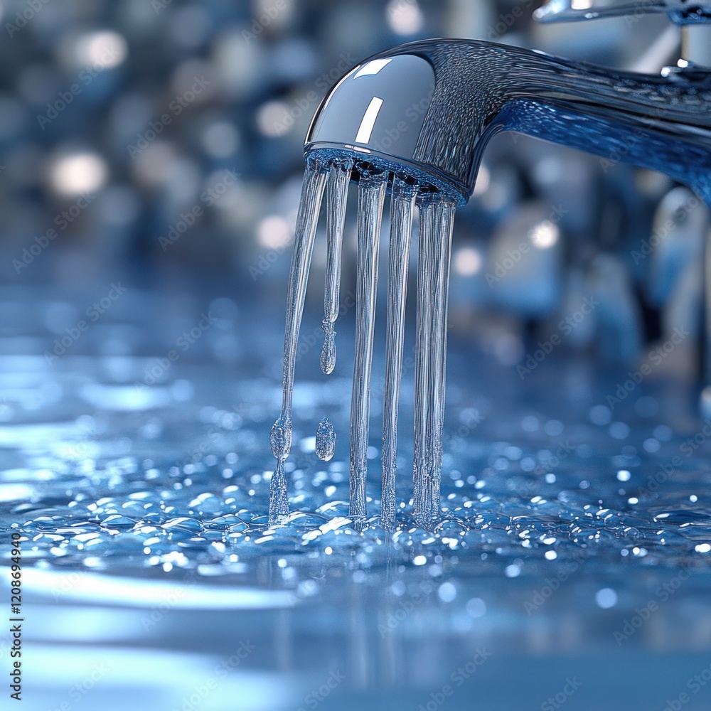 Water flowing from chrome faucet, splashing.