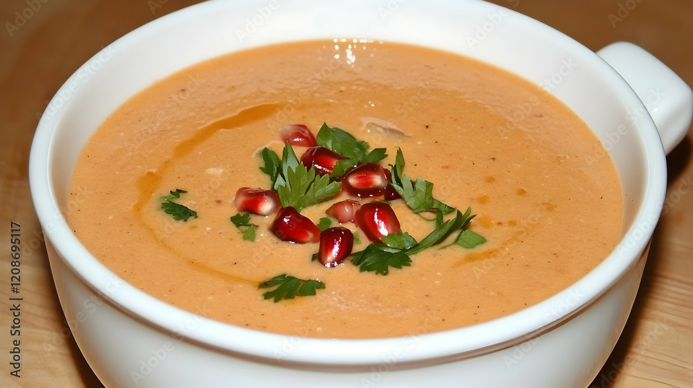 Creamy Red Lentil Soup, garnished with pomegranate seeds and cilantro, served in a white bowl on a wooden surface, perfect for a healthy recipe blog or cookbook Creamy Red Lentil Soup, garnished with pomegranate seeds and cilantro, served in a white bowl on a wooden surface, perfect for a healthy recipe blog or cookbook