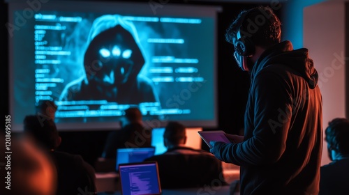 Man Observes Coding Presentation on Hacking Techniques During a Computer Science Workshop in an Indoor Classroom