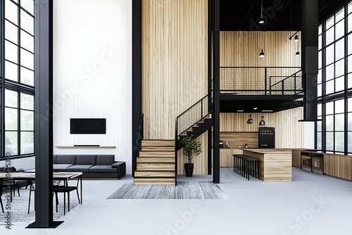 Modern Open Plan Loft Interior Design Showcases Wood Paneling, Black Accents, and a Mezzanine Level