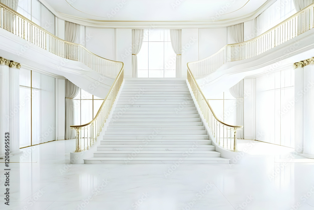 Fototapeta premium Grand White Marble Staircase Ascends Elegantly in Luxurious Interior with Gold Accents and Soft Natural Light