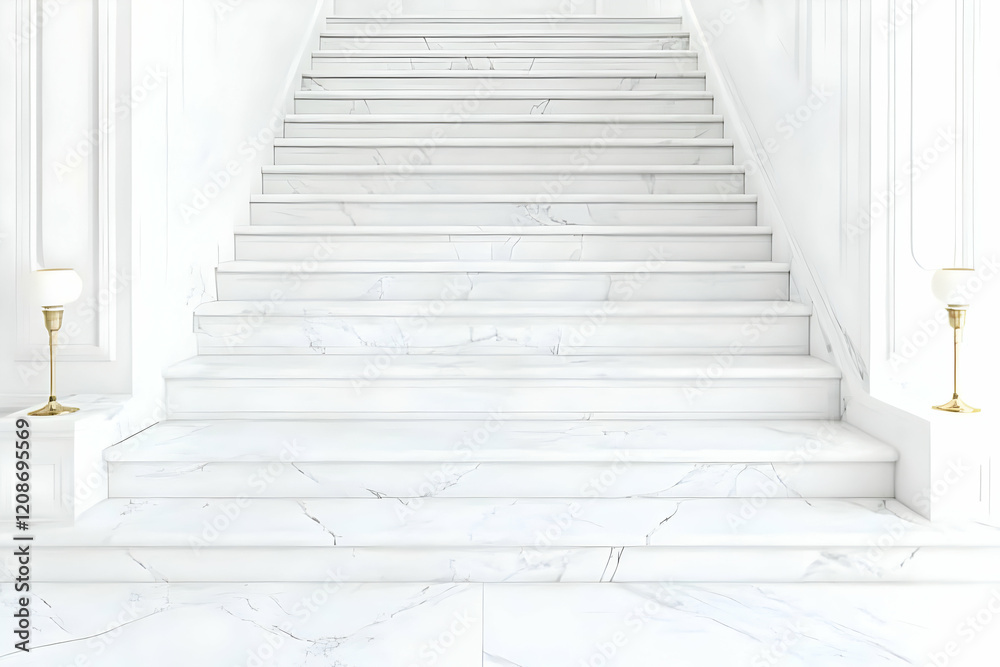 Fototapeta premium White Marble Staircase Ascends Elegantly in a Bright Interior Space with Decorative Lamps