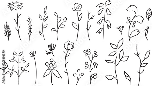 手書きの草木イラスト。ベクター線画イラストセット。手書きの植物と花のセット。Hand drawn grass and trees illustration. Vector line drawing illustration set. Hand drawn plants and flowers set.