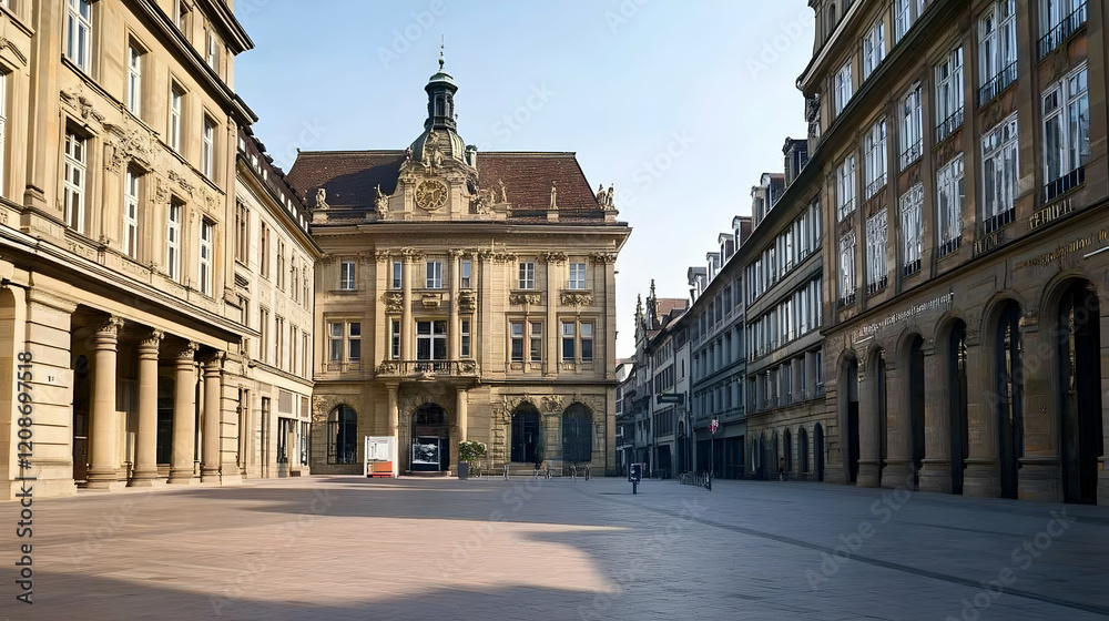 Obraz premium Deserted European city square, historical building, sunny morning, cobblestone street, travel destination