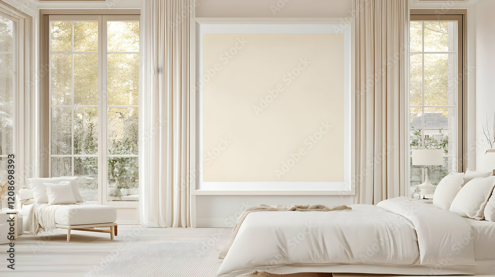 Minimalist Bedroom Interior features a large blank frame mockup with winter view from the window. Minimalist Bedroom Interior features a large blank frame mockup with winter view from the window.