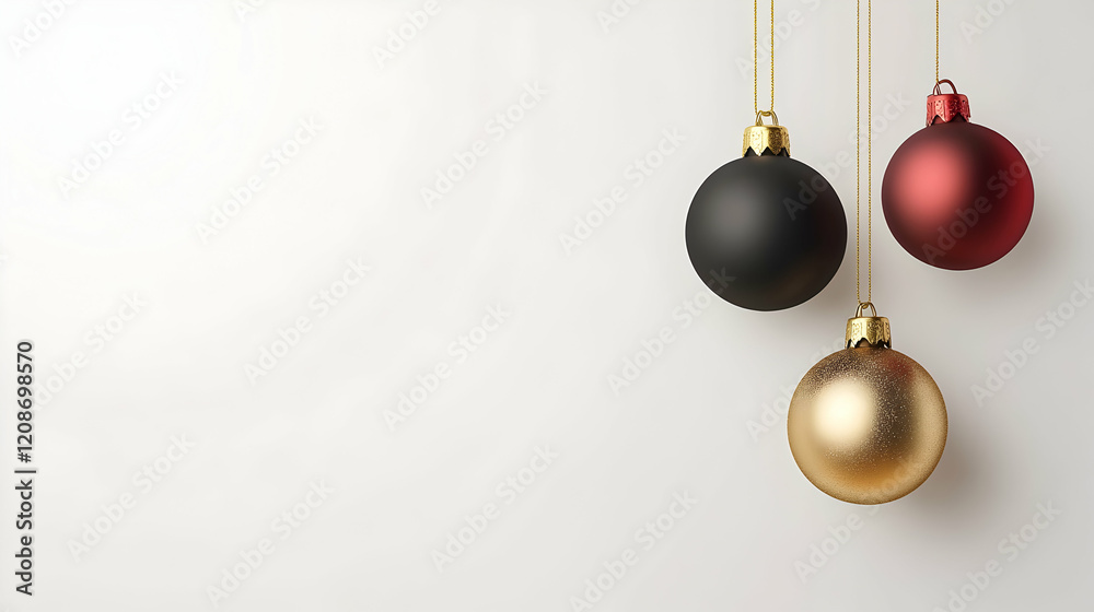 Elegant Christmas ornaments hanging against a white background, perfect for holiday cards or festive websites Elegant Christmas ornaments hanging against a white background, perfect for holiday cards or festive websites