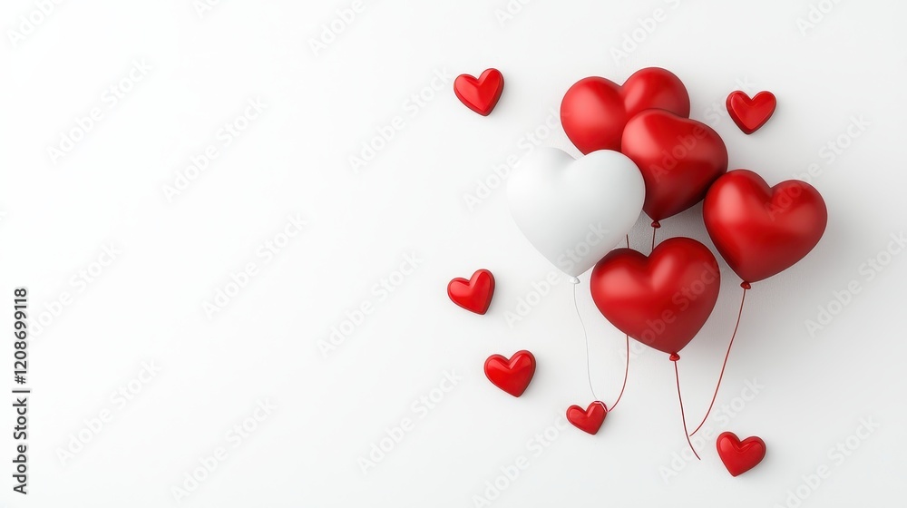 A Festive Display of Red and White Heart-Shaped Balloons Surrounded by Small Red Heart Decorations on a Soft White Background for Celebration Themes