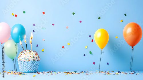 Festive birthday cupcake with candles and balloons against a light blue background; perfect for celebratory greetings