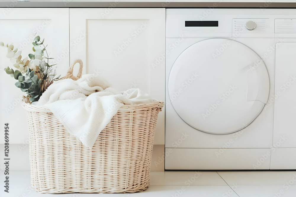 Wicker Laundry Basket with White Clothes Next to a White Clothes Dryer in a Laundry Room Wicker Laundry Basket with White Clothes Next to a White Clothes Dryer in a Laundry Room