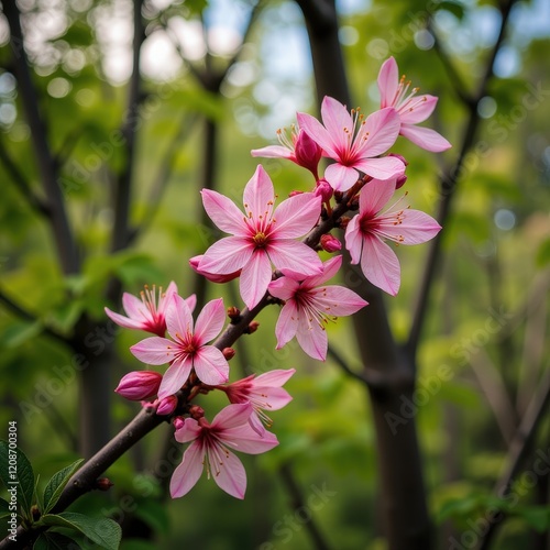 Pink cherry blossoms bloom vibrantly on an outstretched branch, casting delicate shadows. Six petals dance mid-air, capturing nature's ephemeral beauty photo