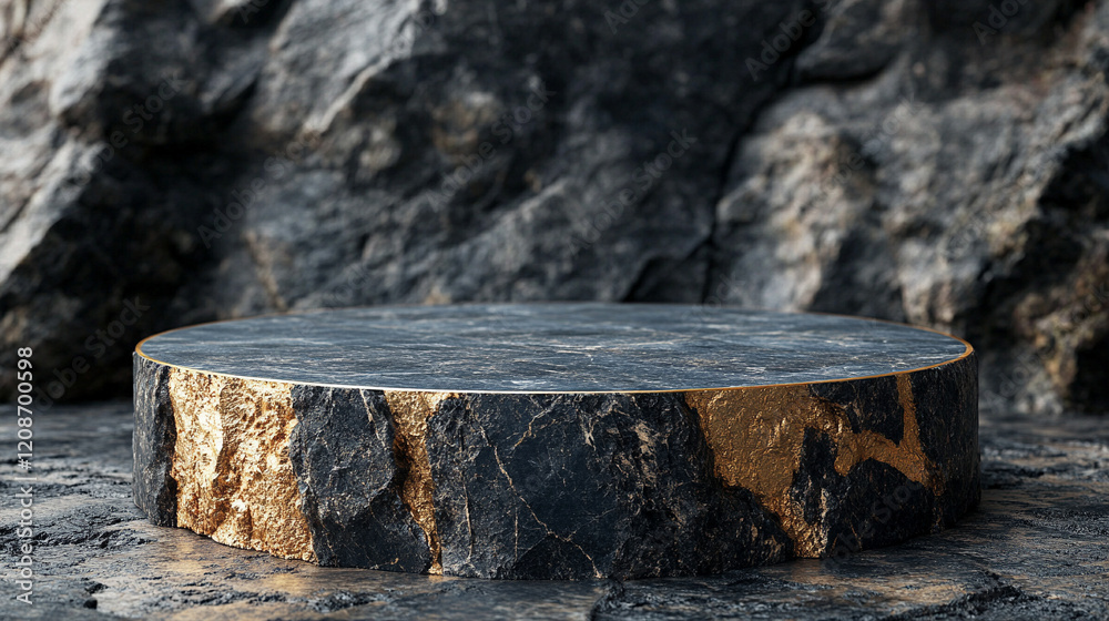 A luxurious black gold podium showcasing a premium product on a 3D stone background with a minimal marble pedestal, creating a high-end, elegant display in a modern studio setting

