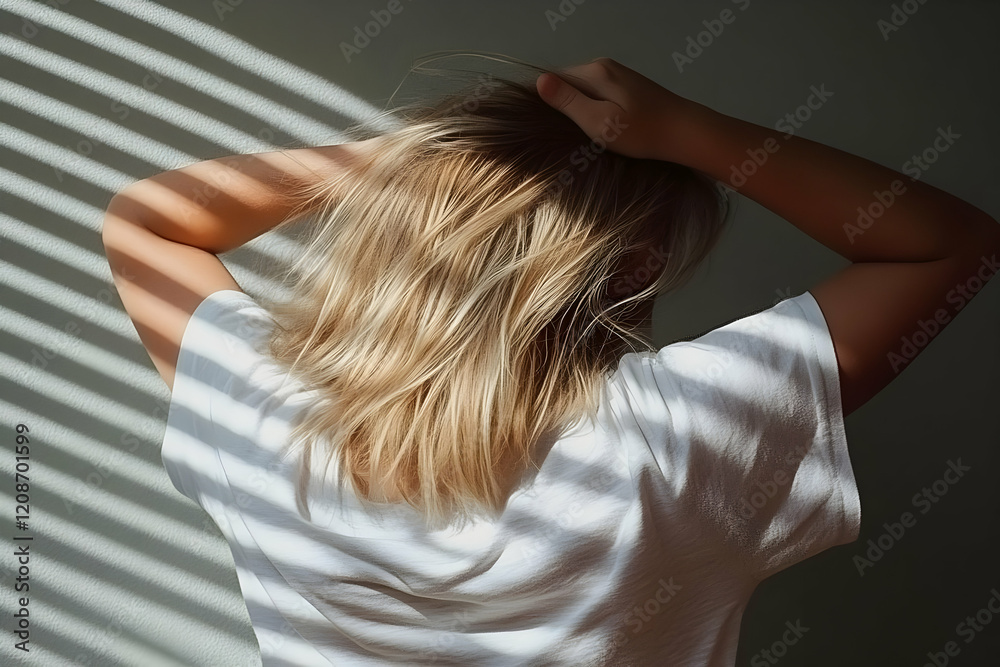 Fototapeta premium Blonde Woman Holds Hair in Sunlight with Striped Shadows from Blinds Cast on Wall